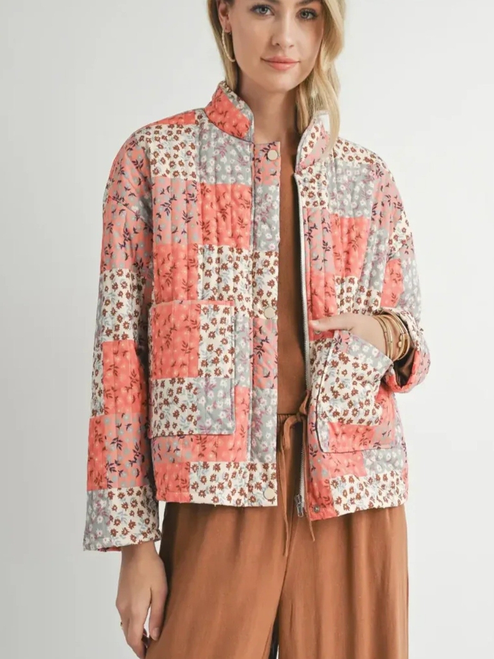 Sadie & Sage The Collector Patchwork Quilted Floral Jacket Coral Boho Sz L